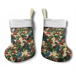 New Zealand Christmas Stocking Romantic Tui Birds on Pohutukawa - Ivory