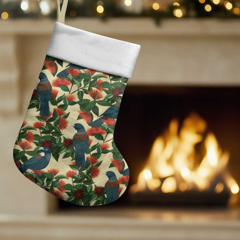 New Zealand Christmas Stocking Romantic Tui Birds on Pohutukawa - Ivory