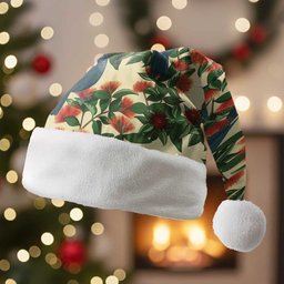 New Zealand Christmas Santa Hat Romantic Tui Birds on Pohutukawa - Ivory