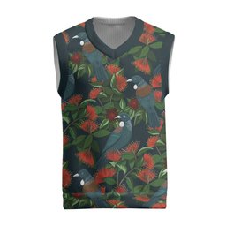 New Zealand Christmas Knitted V-Neck Vest Romantic Tui Birds on Pohutukawa - Cobalt