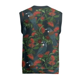 New Zealand Christmas Knitted V-Neck Vest Romantic Tui Birds on Pohutukawa - Cobalt