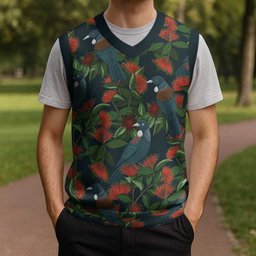 New Zealand Christmas Knitted V-Neck Vest Romantic Tui Birds on Pohutukawa - Cobalt