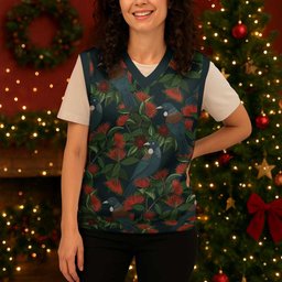 New Zealand Christmas Knitted V-Neck Vest Romantic Tui Birds on Pohutukawa - Cobalt