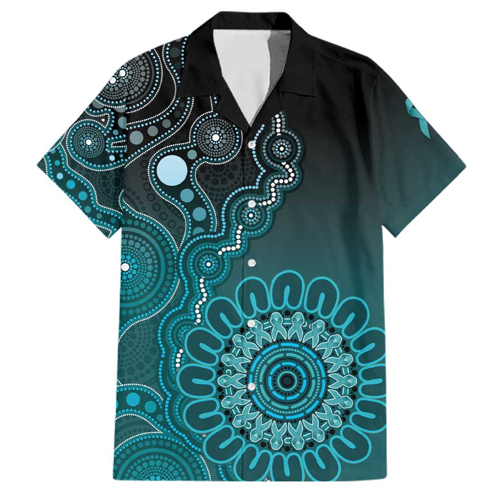 Personalised Ovarian Cancer Awareness Family Matching Off The Shoulder Long Sleeve Dress and Hawaiian Shirt Teal Ribbon Aboriginal Art