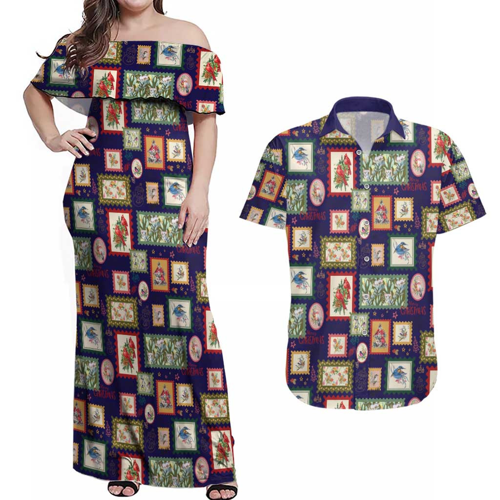 Aussie Birds Christmas La La Land Couples Matching Off Shoulder Maxi Dress and Hawaiian Shirt Navy Blue Vintage Stamp Edition