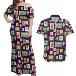 Aussie Birds Christmas La La Land Couples Matching Off Shoulder Maxi Dress and Hawaiian Shirt Navy Blue Vintage Stamp Edition