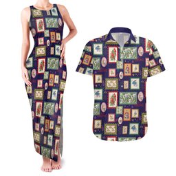 Aussie Birds Christmas La La Land Couples Matching Tank Maxi Dress and Hawaiian Shirt Navy Blue Vintage Stamp Edition