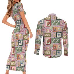 Aussie Birds Christmas La La Land Couples Matching Short Sleeve Bodycon Dress and Long Sleeve Button Shirt Pink Vintage Stamp Edition