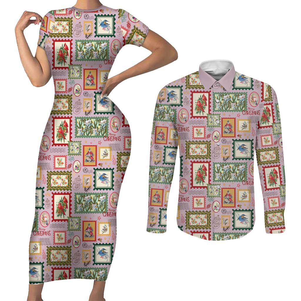 Aussie Birds Christmas La La Land Couples Matching Short Sleeve Bodycon Dress and Long Sleeve Button Shirt Pink Vintage Stamp Edition