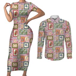 Aussie Birds Christmas La La Land Couples Matching Short Sleeve Bodycon Dress and Long Sleeve Button Shirt Pink Vintage Stamp Edition
