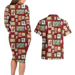 Aussie Birds Christmas La La Land Couples Matching Long Sleeve Bodycon Dress and Hawaiian Shirt Red Vintage Stamp Edition