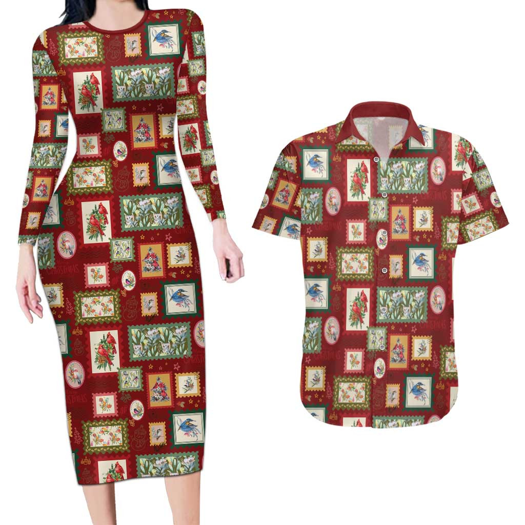 Aussie Birds Christmas La La Land Couples Matching Long Sleeve Bodycon Dress and Hawaiian Shirt Red Vintage Stamp Edition