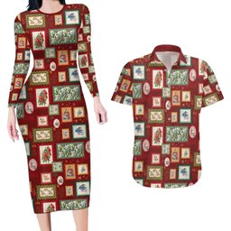 Aussie Birds Christmas La La Land Couples Matching Long Sleeve Bodycon Dress and Hawaiian Shirt Red Vintage Stamp Edition
