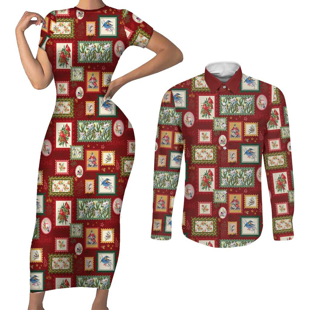Aussie Birds Christmas La La Land Couples Matching Short Sleeve Bodycon Dress and Long Sleeve Button Shirt Red Vintage Stamp Edition
