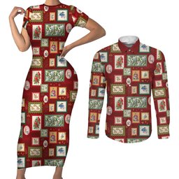 Aussie Birds Christmas La La Land Couples Matching Short Sleeve Bodycon Dress and Long Sleeve Button Shirt Red Vintage Stamp Edition