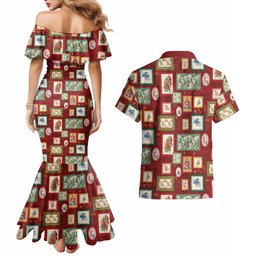 Aussie Birds Christmas La La Land Couples Matching Mermaid Dress and Hawaiian Shirt Red Vintage Stamp Edition