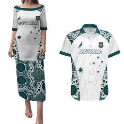 Custom Australia Rugby 2026 Couples Matching Puletasi and Hawaiian Shirt Go Wallabies Aboriginal Pattern White Version