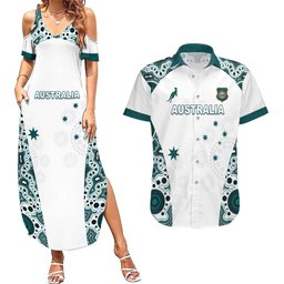 Custom Australia Rugby 2026 Couples Matching Summer Maxi Dress and Hawaiian Shirt Go Wallabies Aboriginal Pattern White Version