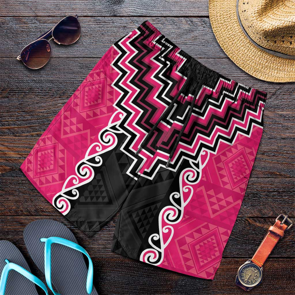 Pink Niho Taniwha Mix Poutama Shorts for Men Unique Taniko Aotearoa