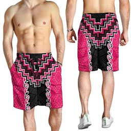 Pink Niho Taniwha Mix Poutama Shorts for Men Unique Taniko Aotearoa