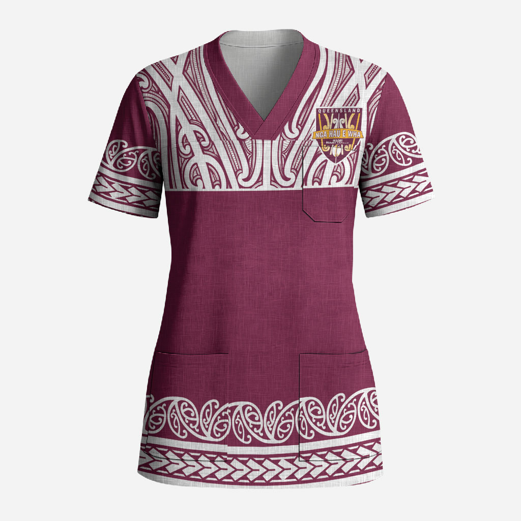 Queensland Maori Nga Hau E Wha Custom Scrub Top Polynesian Maori Tribal Pattern
