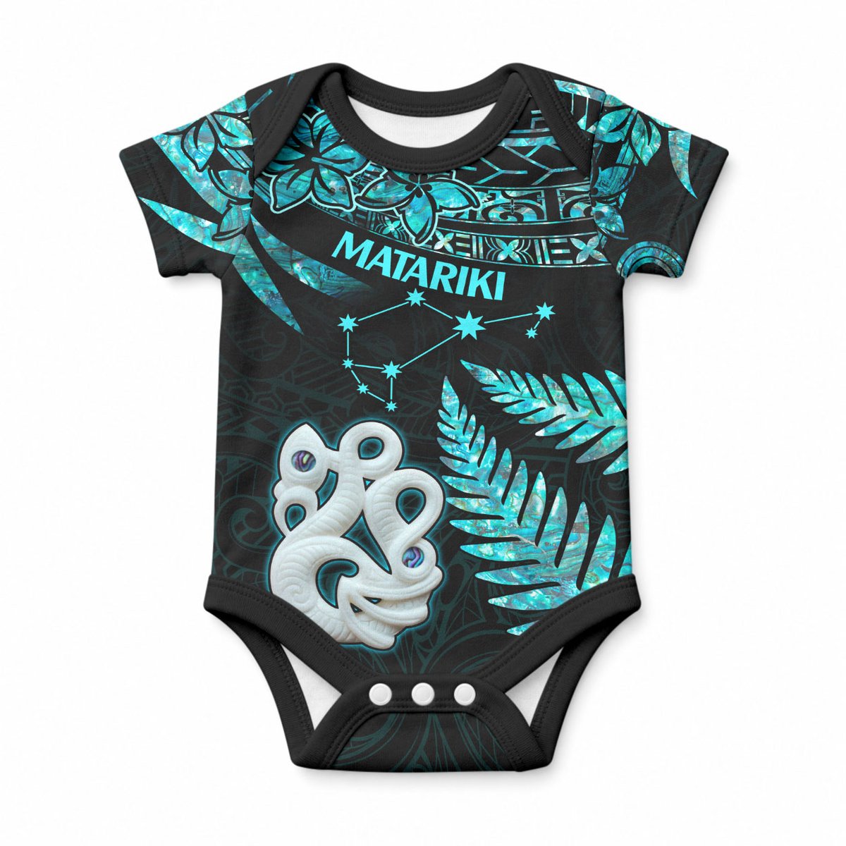 Matariki New Zealand Baby Onesie Maori Manaia with Paua Shell - Aqua