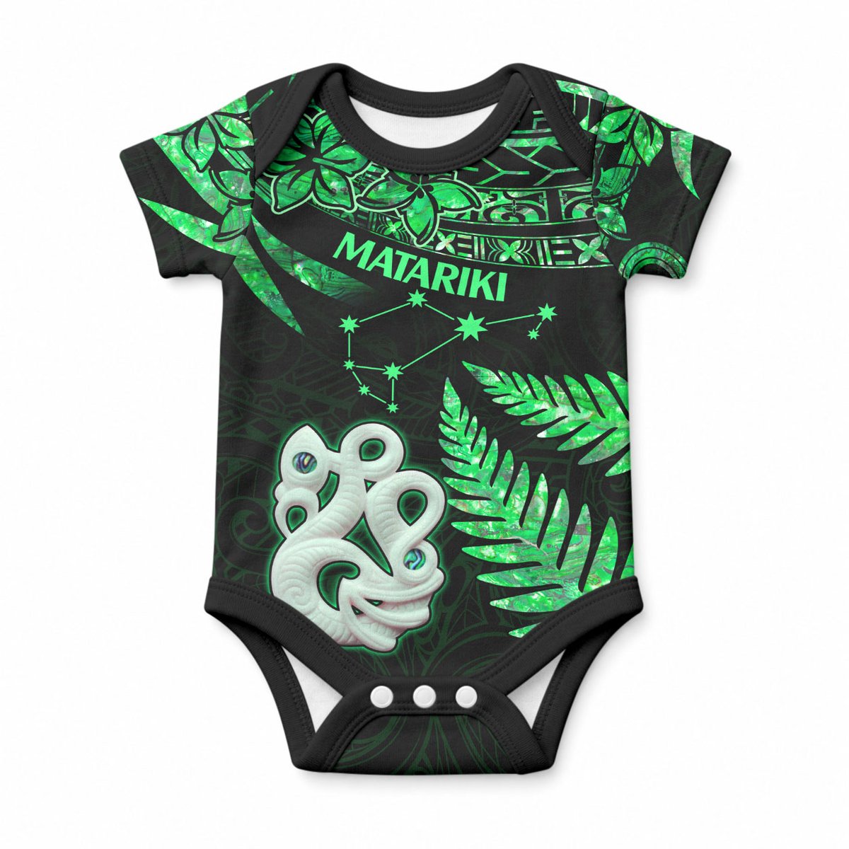 Matariki Stars Manaia with Paua Shell - Green Baby Onesie