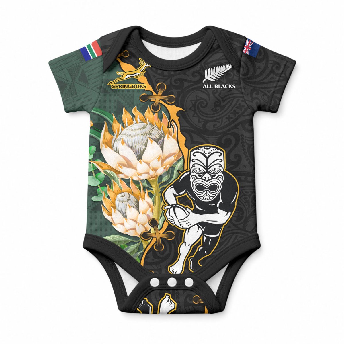 South Africa Protea and New Zealand Baby Onesie Go All Black-Springboks Rugby with Kente And Maori