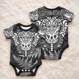 New Zealand Maori Rugby Baby Onesie Silver Fern All Black Mix Ta Moko White Style
