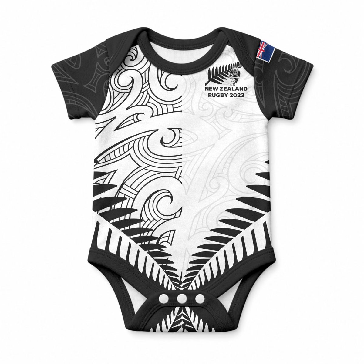 Custom New Zealand Maori Rugby Baby Onesie Proud Aoteroa Stylised Maori Koru