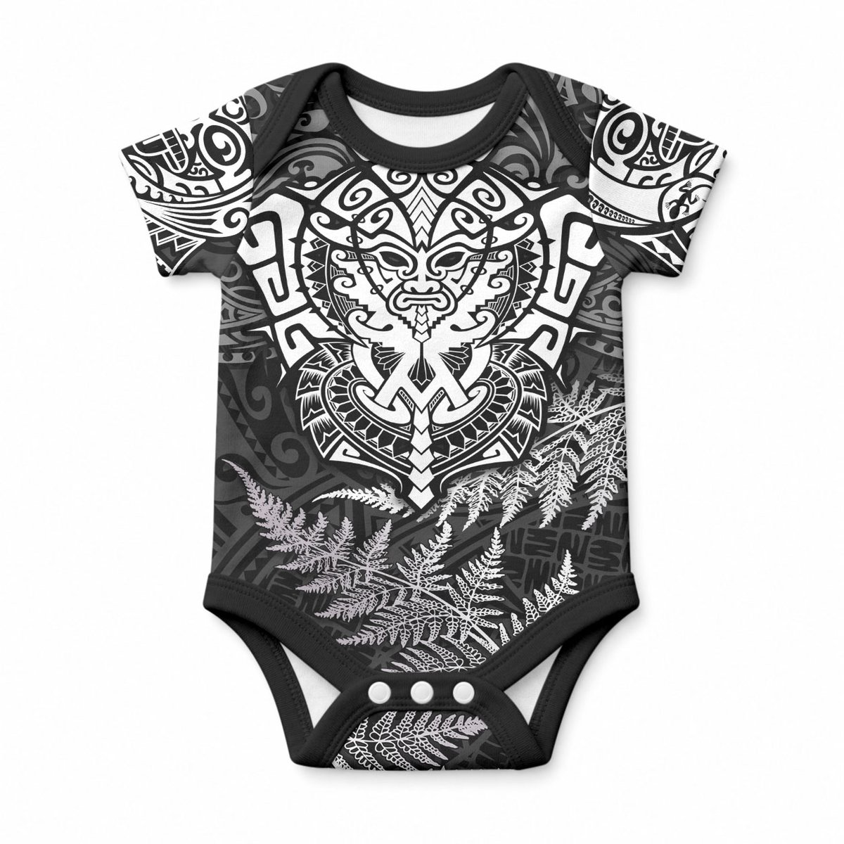 Personalised New Zealand Maori Rugby Baby Onesie Silver Fern All Black Mix Ta Moko White Style