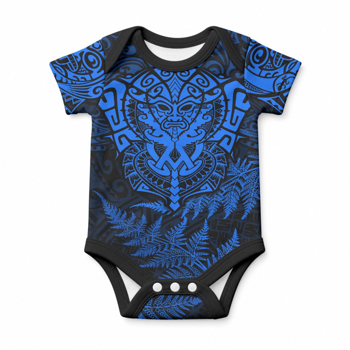 Personalised New Zealand Maori Rugby Baby Onesie Silver Fern All Black Mix Ta Moko Blue Style