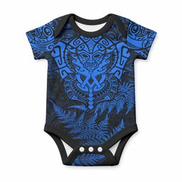 Personalised New Zealand Maori Rugby Baby Onesie Silver Fern All Black Mix Ta Moko Blue Style