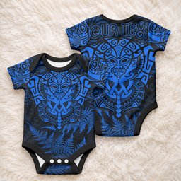 Personalised New Zealand Maori Rugby Baby Onesie Silver Fern All Black Mix Ta Moko Blue Style