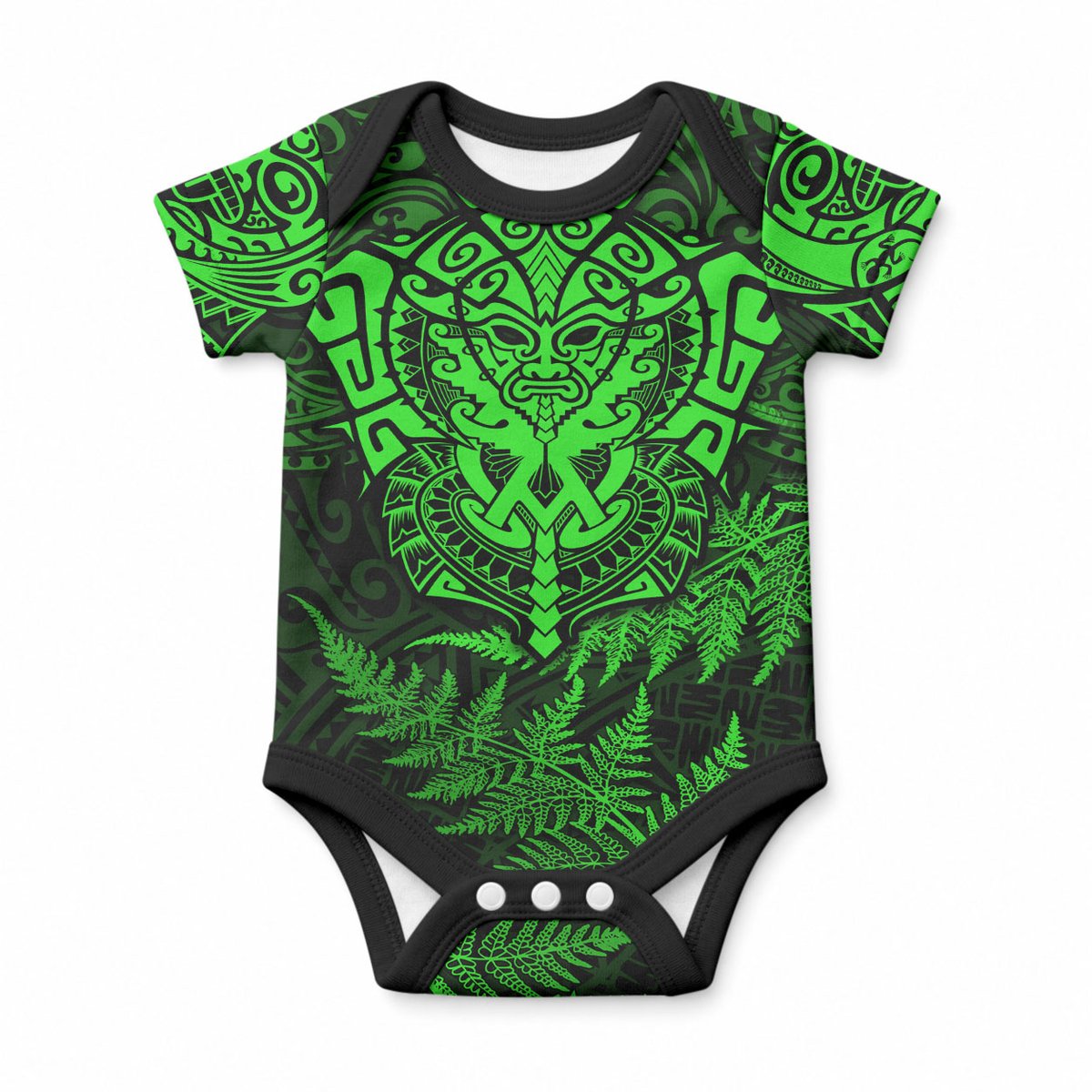New Zealand Maori Rugby Baby Onesie Silver Fern All Black Mix Ta Moko Green Style
