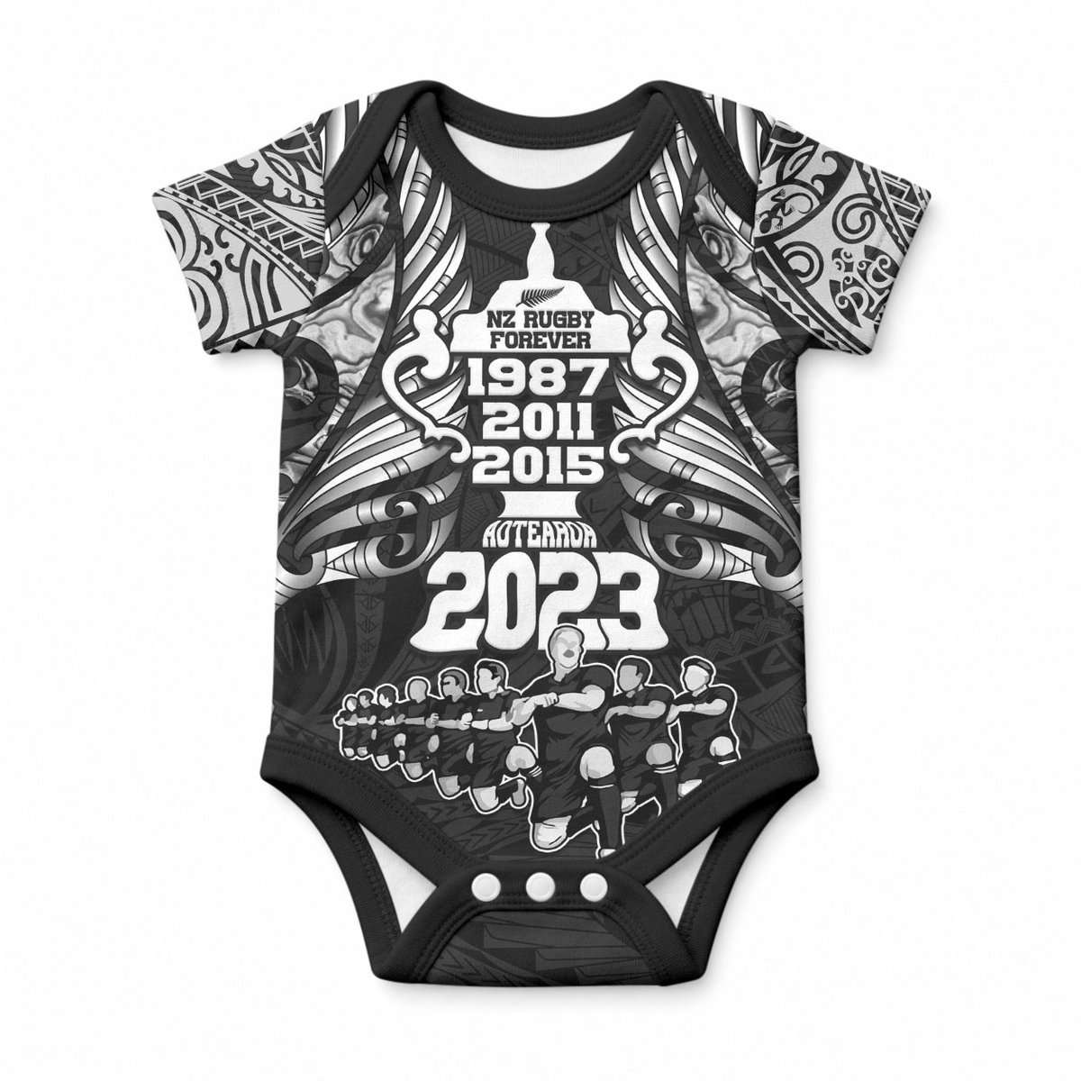 Custom New Zealand Maori Rugby Baby Onesie Black Haka Dance With NZ Champions History