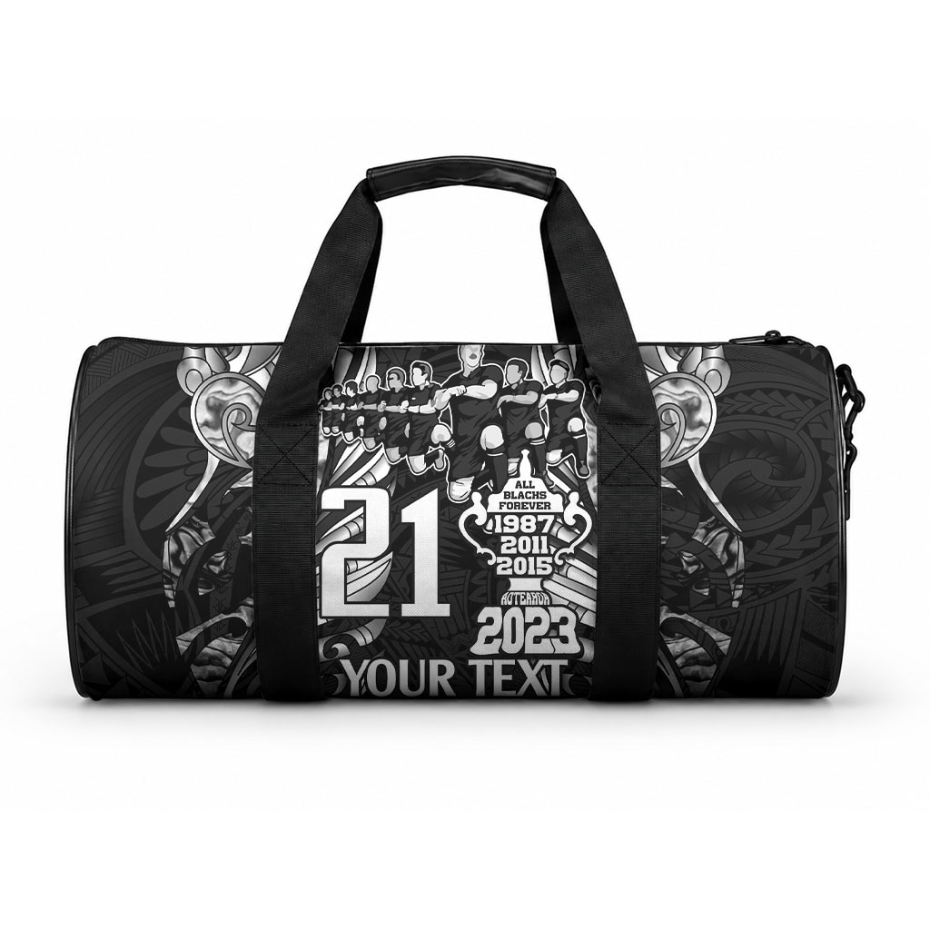 Custom New Zealand Maori Rugby Duffle Bag Black Haka Dance With NZ Champions History