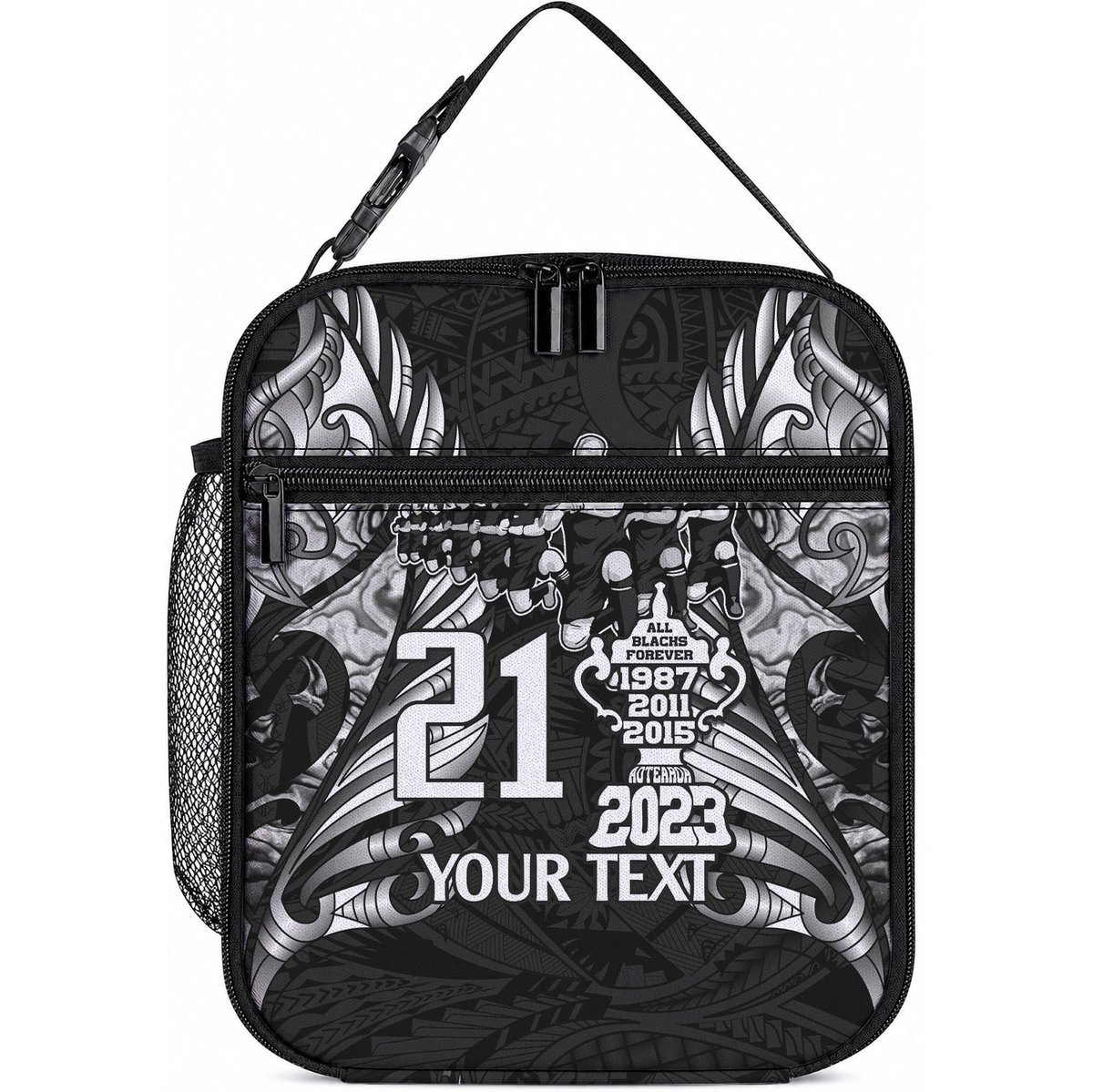 Custom New Zealand Maori Rugby Lunch Bag Black Haka Dance With NZ Champions History
