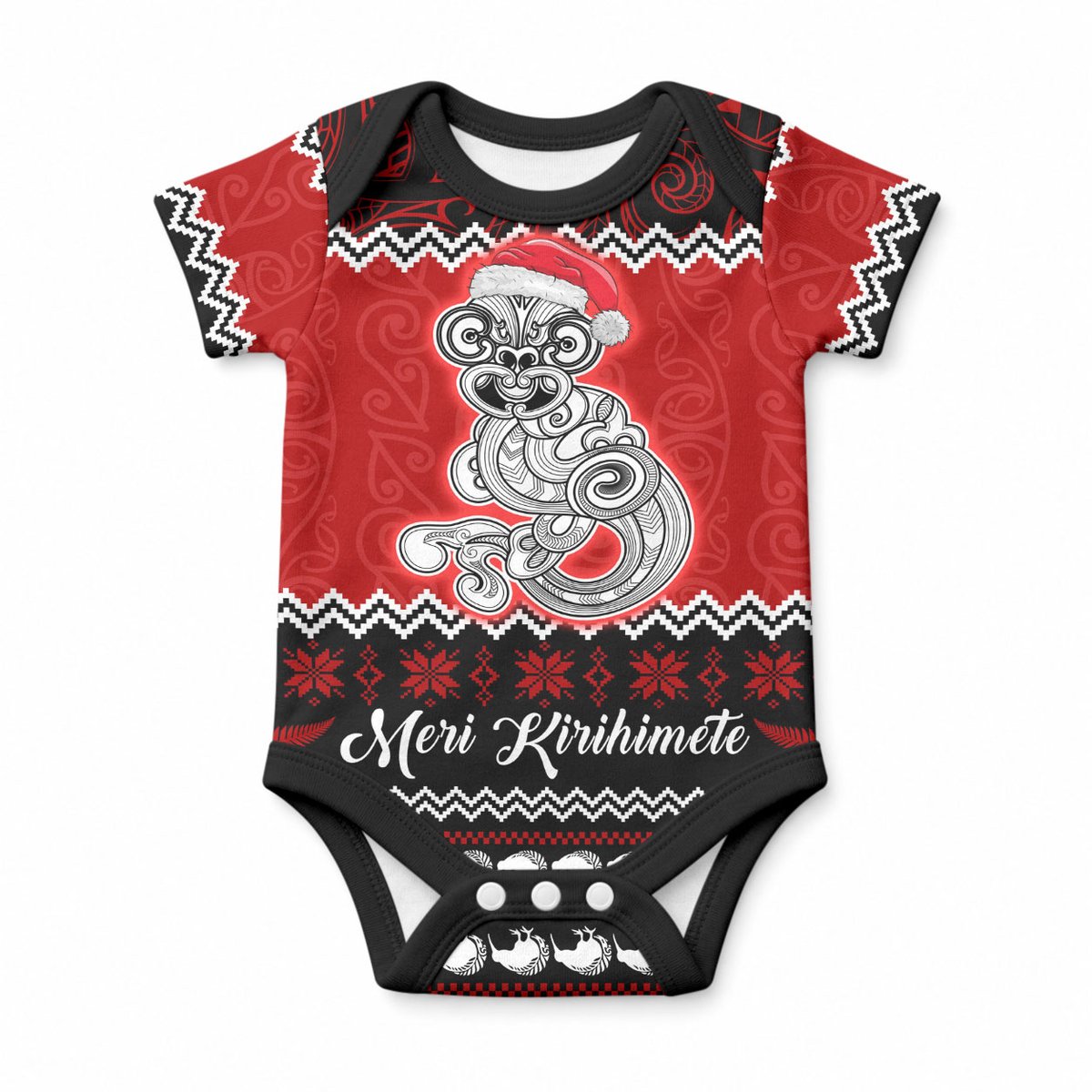 Personalised New Zealand Christmas Baby Onesie Maori Tiki Meri Kirihimete