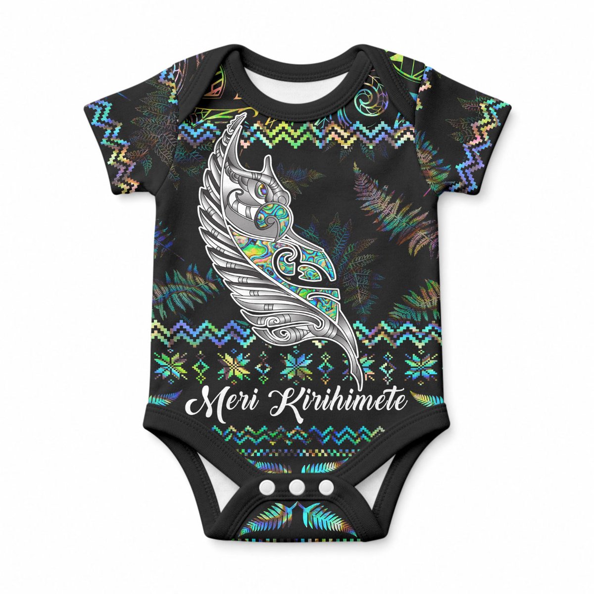 Personalised New Zealand Christmas Baby Onesie Maori Fern Manaia Meri Kirihimete with Papaua Shell