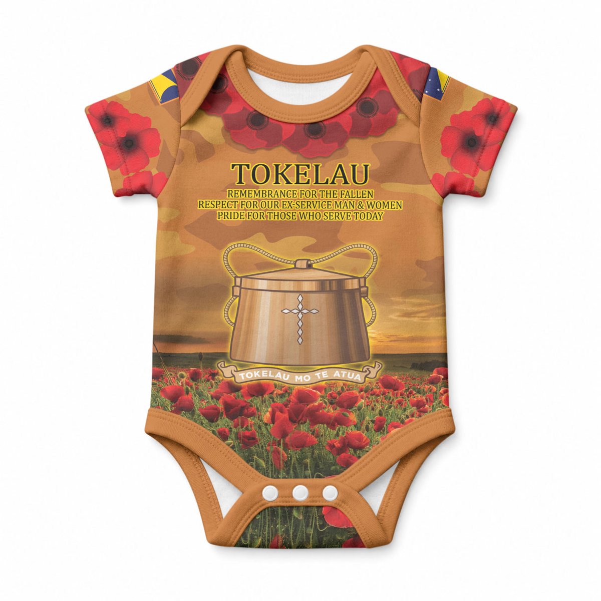 Tokelau ANZAC Day Personalised Baby Onesie with Poppy Field