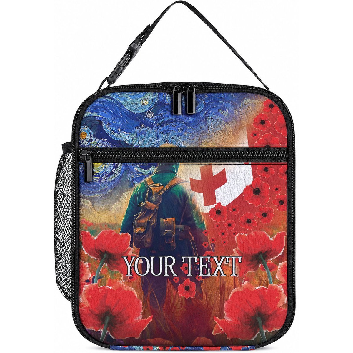 Tonga ANZAC Day Personalised Lunch Bag Soldier Te Tau Manatui Kinautolu with Poppy Field
