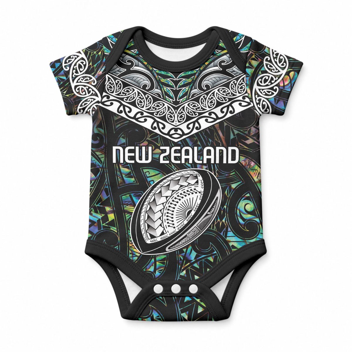 Custom New Zealand Baby Onesie Maori Rugby Tattoo Papua Shell