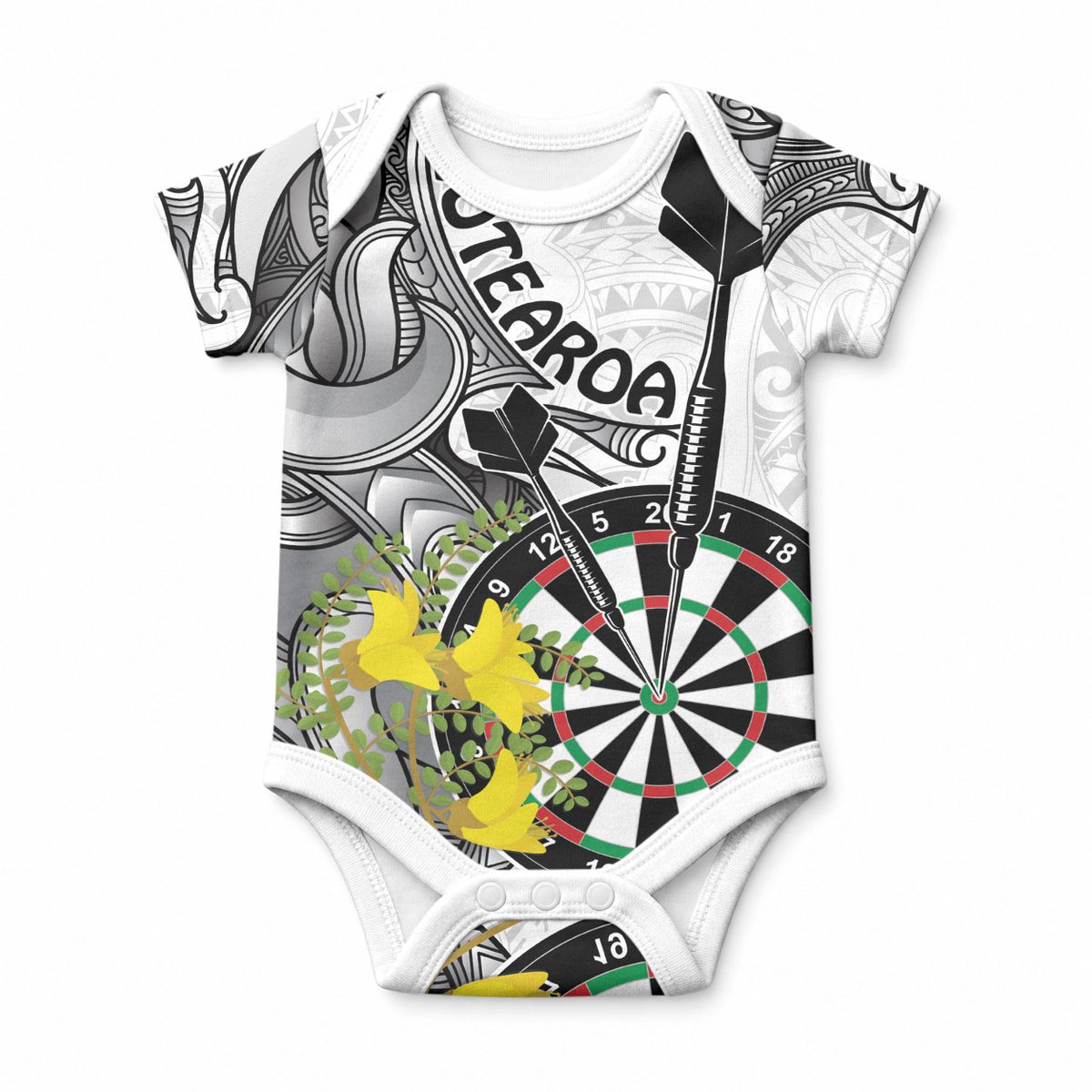 Personalised New Zealand Darts Baby Onesie Kowhai Floral with Maori Tattoo