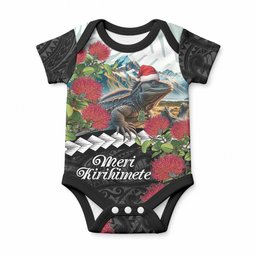 Meri Kirihimete Tuatara Baby Onesie New Zealand Fern with Puhutukawa Flowers