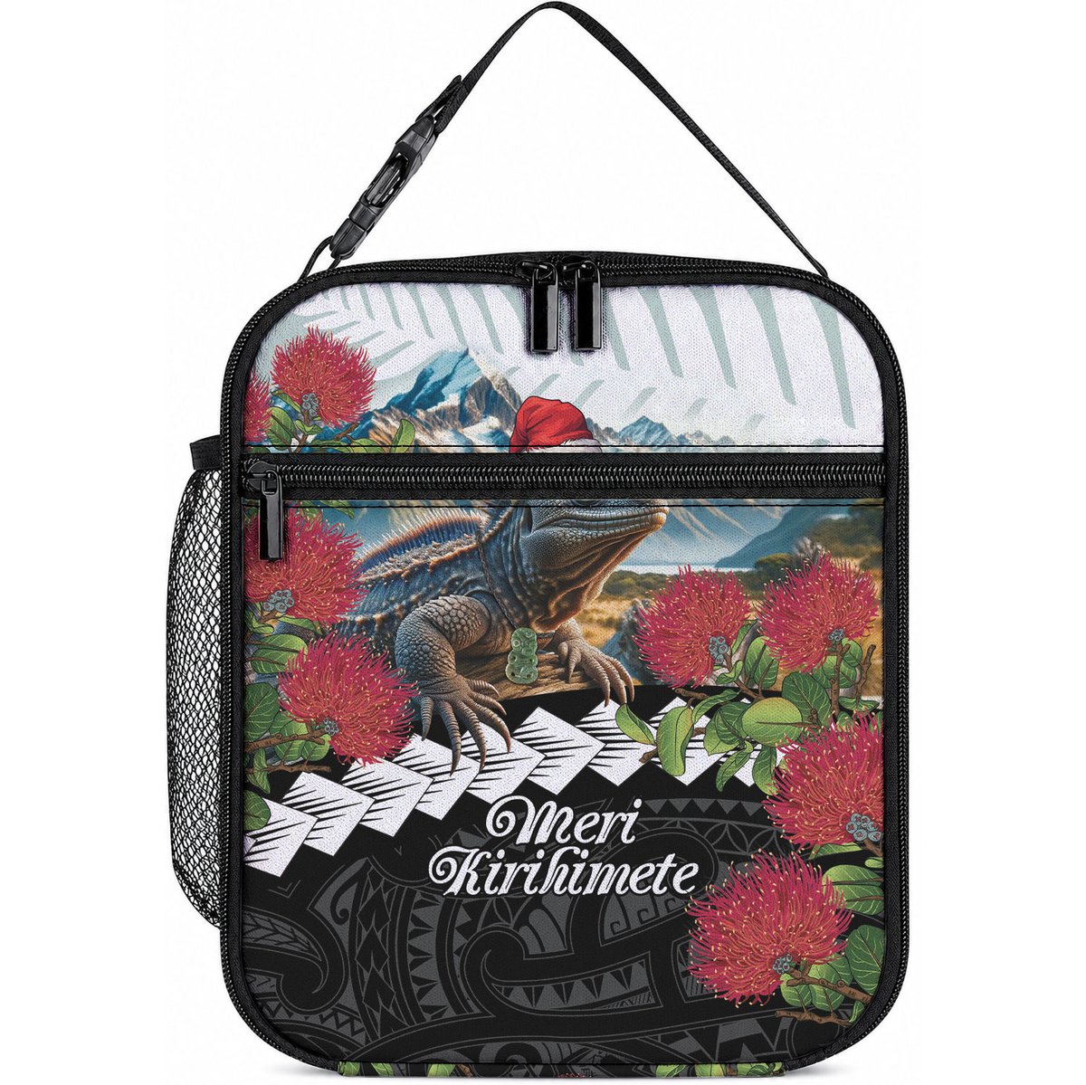 Meri Kirihimete Tuatara Lunch Bag New Zealand Fern with Puhutukawa Flowers