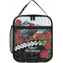 Meri Kirihimete Tuatara Lunch Bag New Zealand Fern with Puhutukawa Flowers