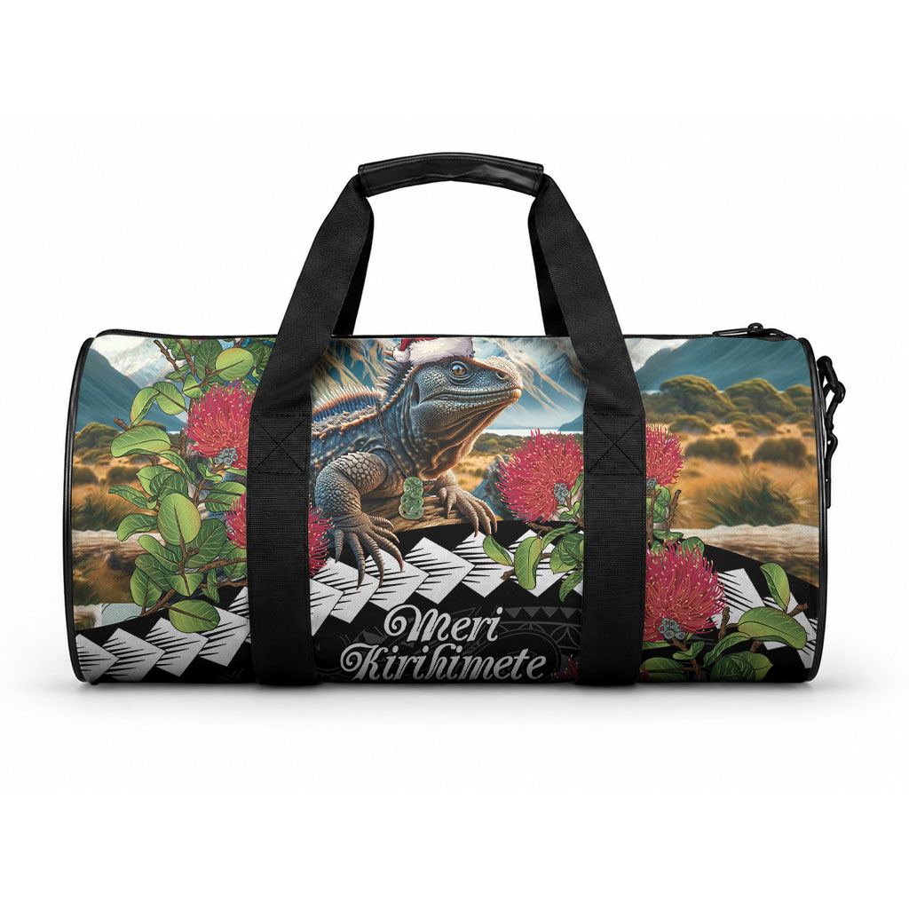 Meri Kirihimete Tuatara Duffle Bag New Zealand Fern with Puhutukawa Flowers