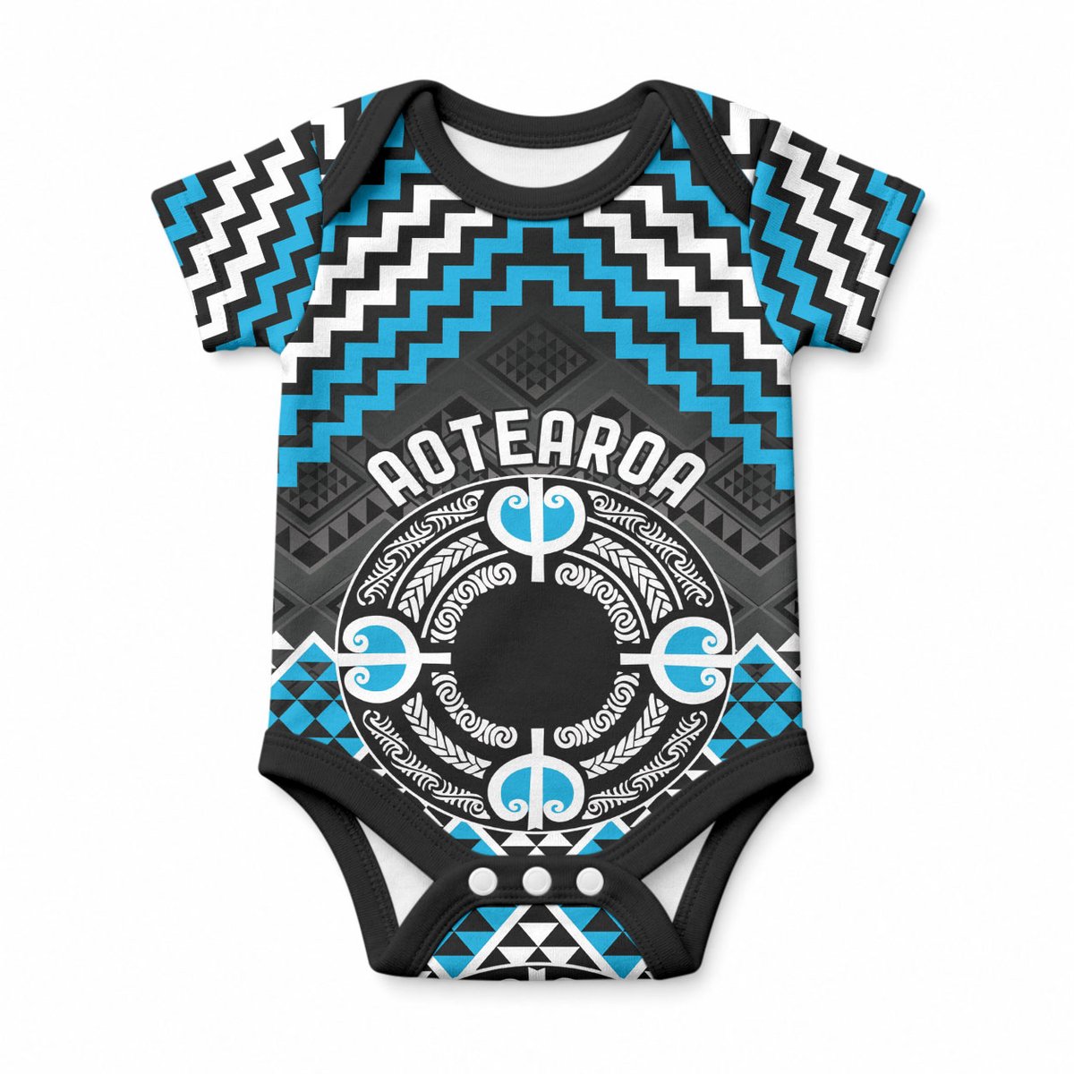 Personalised Aotearoa Niho Taniwha Motif Baby Onesie Blue Style