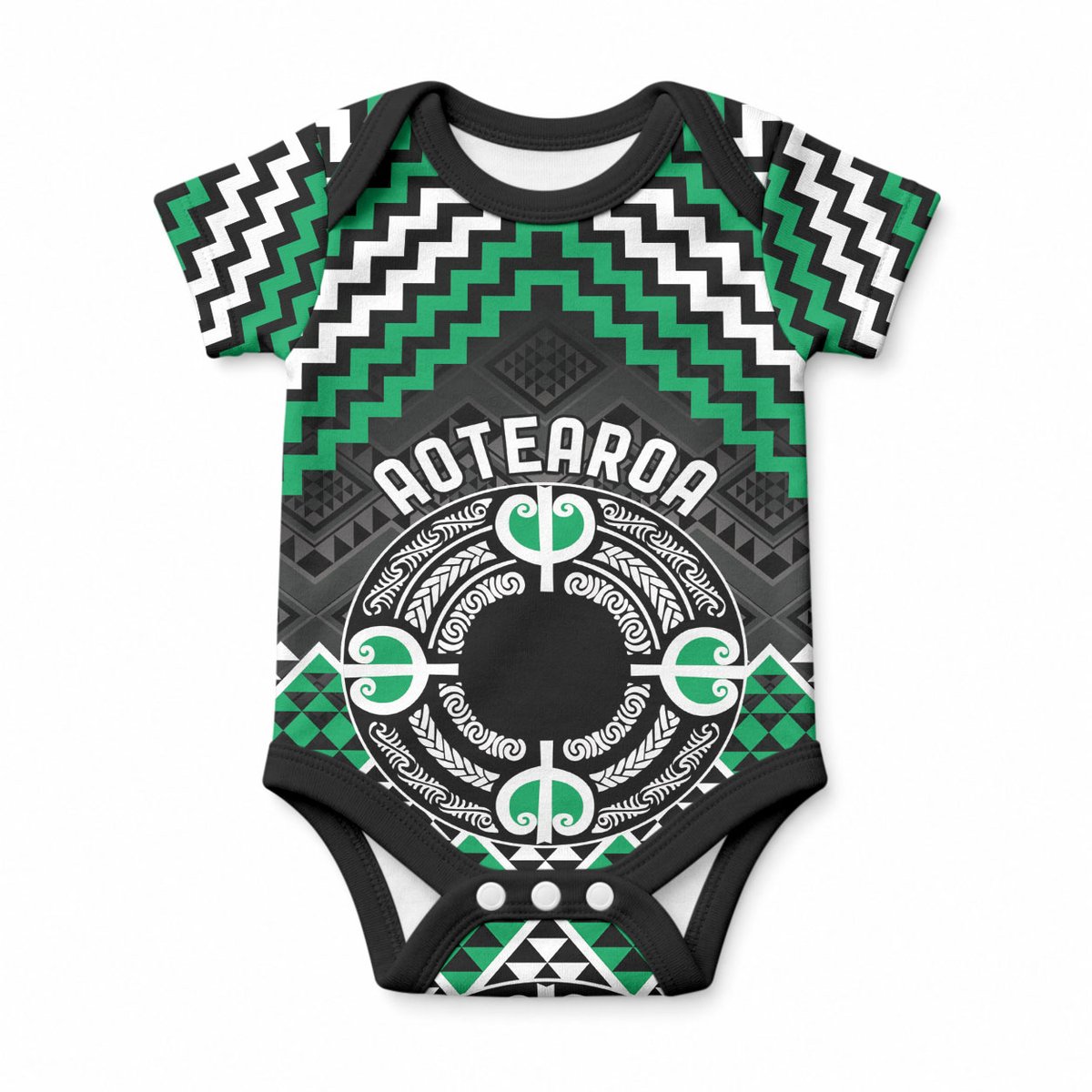 Personalised Aotearoa Niho Taniwha Motif Baby Onesie Green Style
